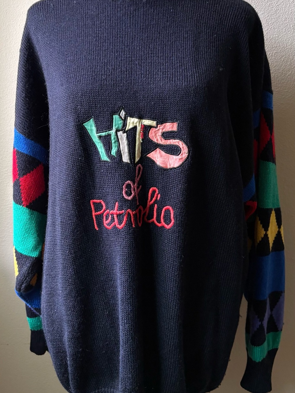 3 Suisses Vintage Mock Neck Sweater FR 46/48 US XL Embroidered Geometric Wool - Picture 2 of 11